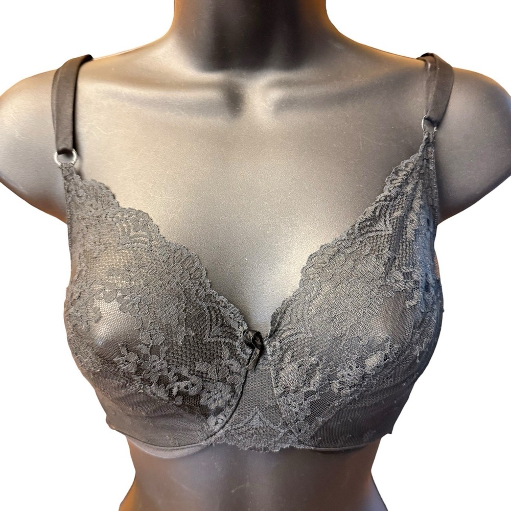 Vintage Vanity Fair Bra 32D Black Sheer Lace Unlined Underwire 90s Goth Coquette
